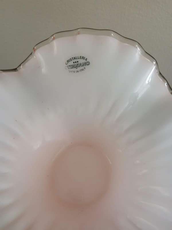 Cristalleria Ottaviano Glass Pink Ruffle Glass Centerpiece On A Silver Pedestal Made In Italy