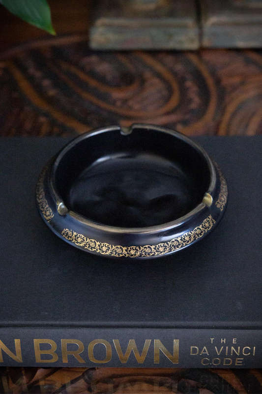 24K Gold Embossed Black Ceramic Ashtray or Trinket Holder