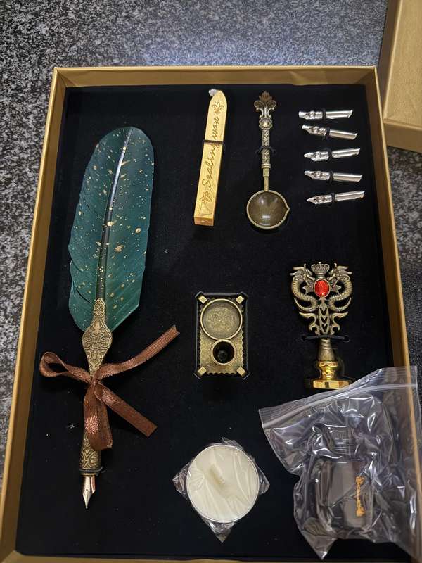 Vintage Feather Pen and Ink Set Glittering Quill Pen Calligraphy Dip Pen