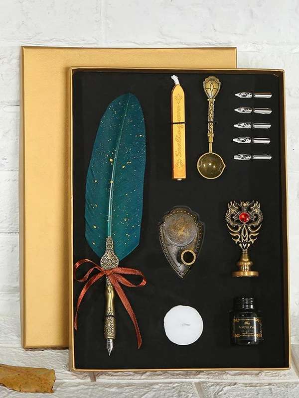 Vintage Feather Pen and Ink Set Glittering Quill Pen Calligraphy Dip Pen