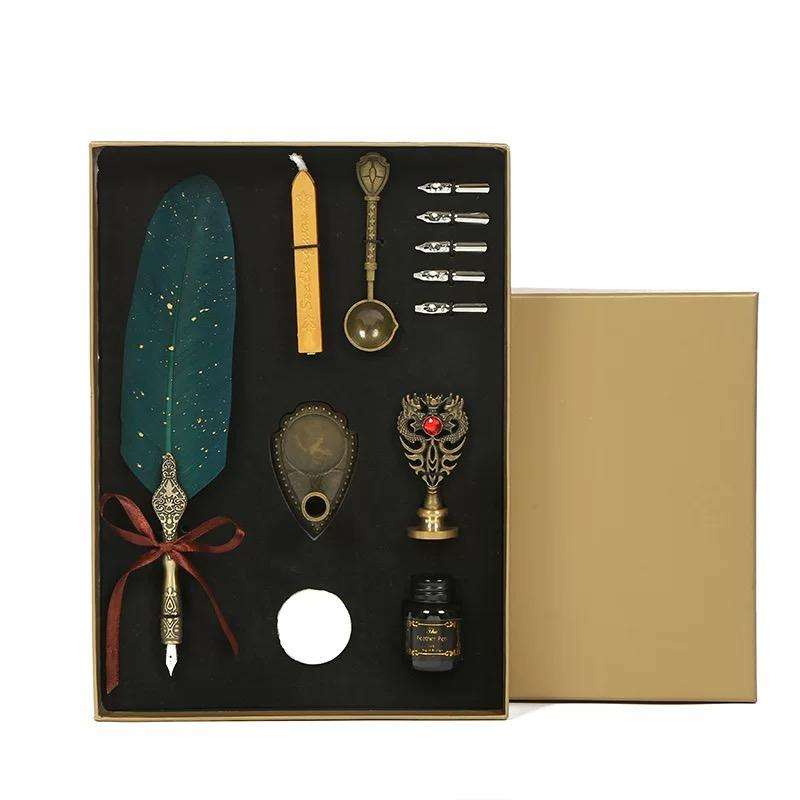 Vintage Feather Pen and Ink Set Glittering Quill Pen Calligraphy Dip Pen
