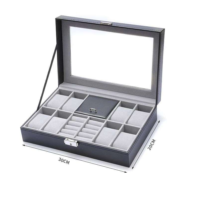 8 Slots PU Leather Jewelry Display Case With Lock & Glass Top - Black