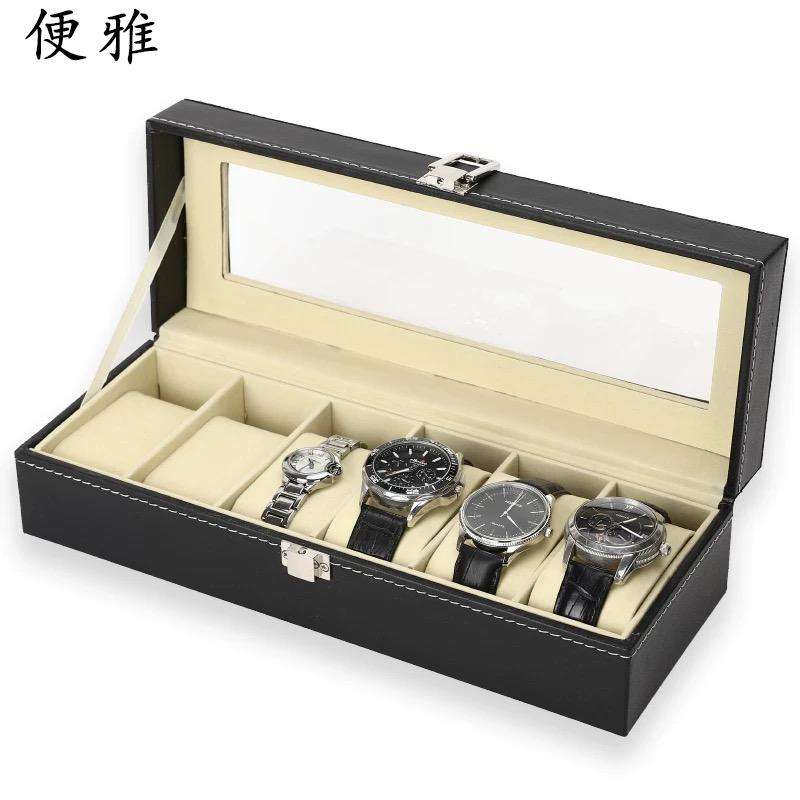 Watch Box, 6 Slot Leather Display Case Organizer with Glass Lid, Elegant Watch Storage Box for Jewel