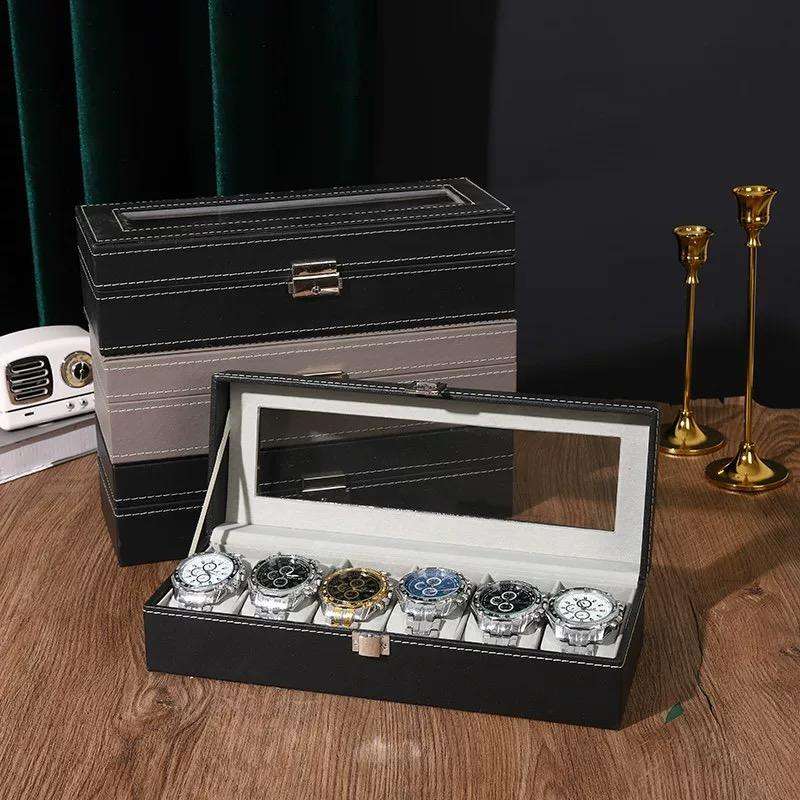 Watch Box, 6 Slot Leather Display Case Organizer with Glass Lid, Elegant Watch Storage Box for Jewel
