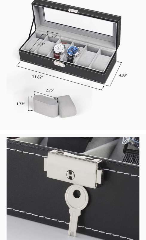 Watch Box, 6 Slot Leather Display Case Organizer with Glass Lid, Elegant Watch Storage Box for Jewel
