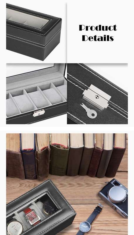 Watch Box, 6 Slot Leather Display Case Organizer with Glass Lid, Elegant Watch Storage Box for Jewel