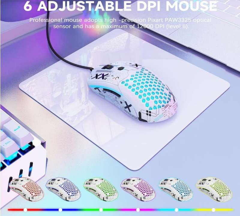 M5 RGB Wired Honeycomb Gaming Mouse 12000DPI 65g - White