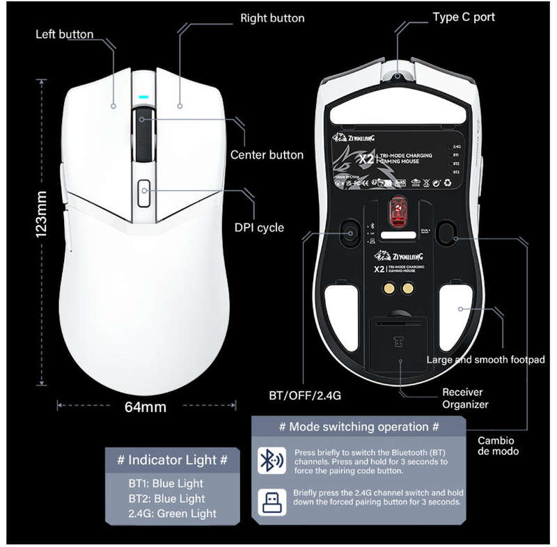 X2 Rechargeable 24000 DPI Wireless Gaming Mouse 56g Ergonomic Design - White