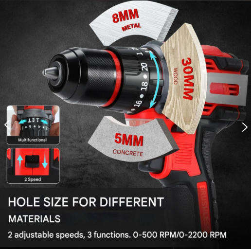 16.8V 45NM Brushless Cordless Drill Compact Impact Drill with 2 Batteries