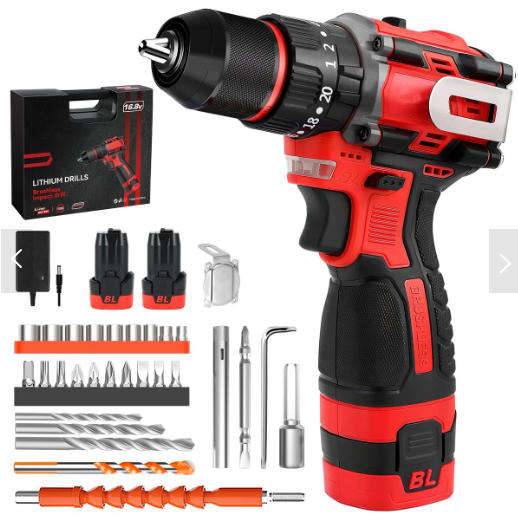 16.8V 45NM Brushless Cordless Drill Compact Impact Drill with 2 Batteries