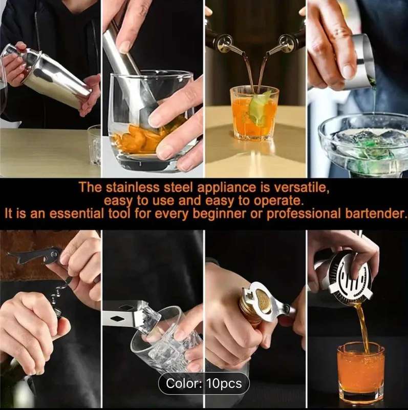 10pcs Premium Stainless Steel Cocktail Shaker Set With Elegant Bamboo Stand -