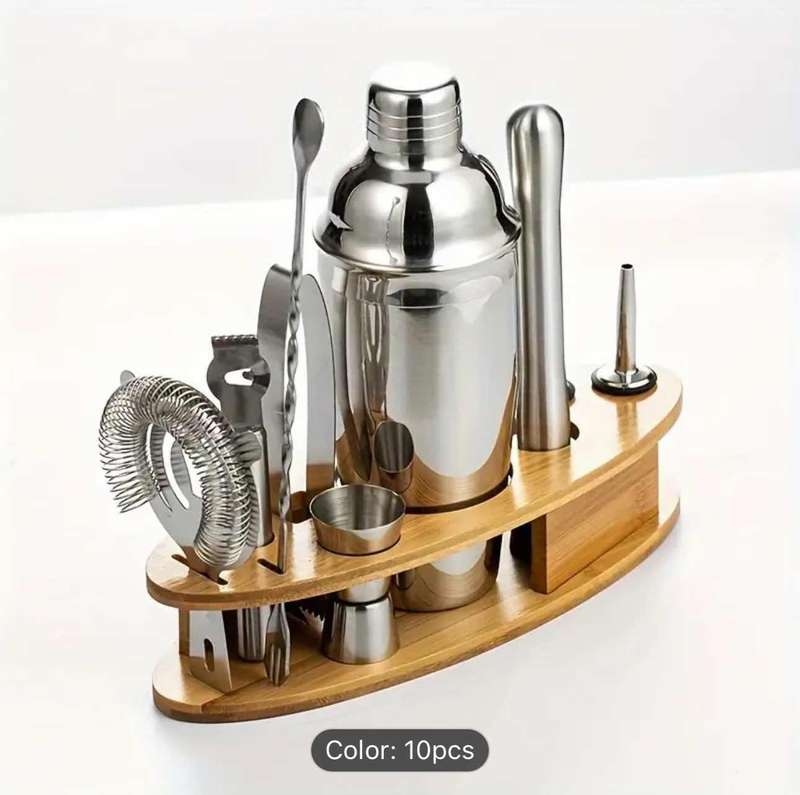 10pcs Premium Stainless Steel Cocktail Shaker Set With Elegant Bamboo Stand -