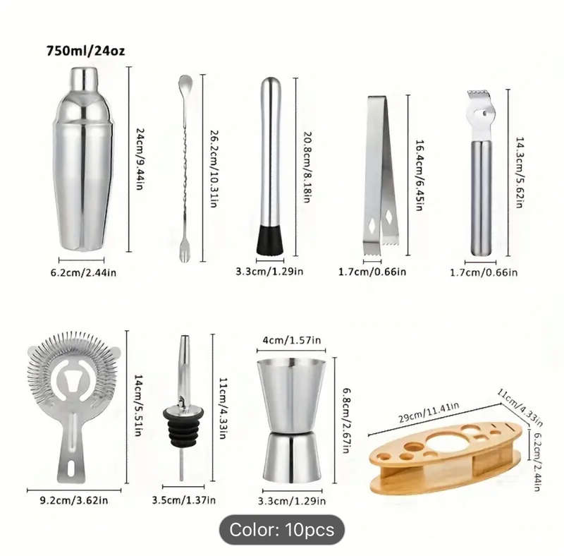 10pcs Premium Stainless Steel Cocktail Shaker Set With Elegant Bamboo Stand -