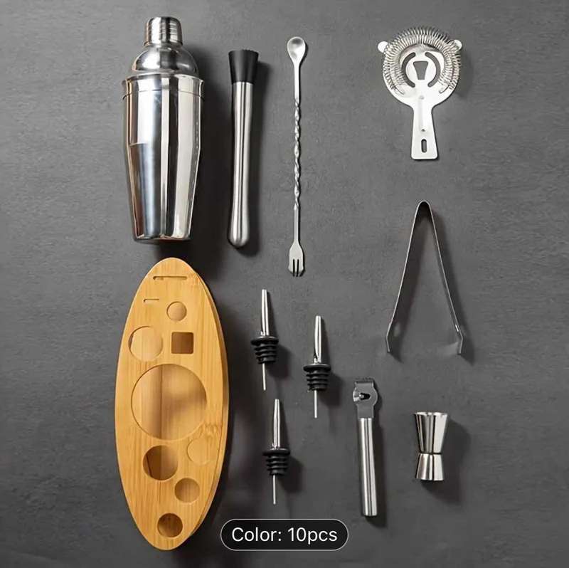 10pcs Premium Stainless Steel Cocktail Shaker Set With Elegant Bamboo Stand -