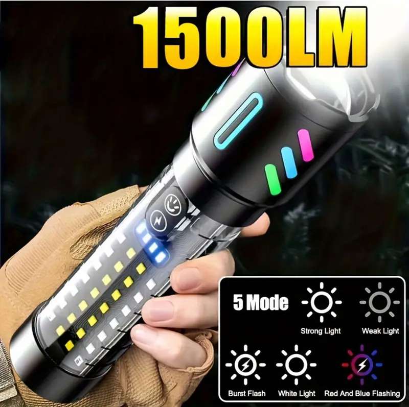 Ultra-Bright 1500LM LED Flashlight - Tactical Rechargeable Torch with COB, Long Range Spotlight,