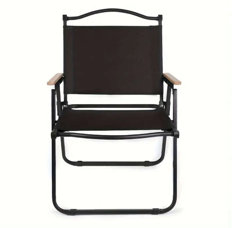 Foldable Camping/Picnic Chair -Metal Frame & Wooden Armrest - BLACK