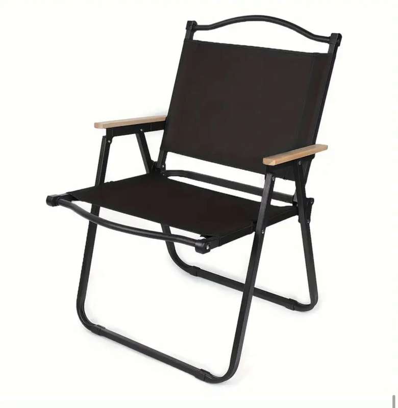 Foldable Camping/Picnic Chair -Metal Frame & Wooden Armrest - BLACK