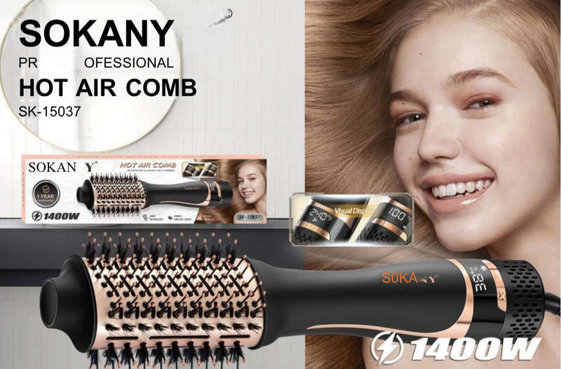 Sokany -  Hot Air Comb 1400W - Hair Dryer/Straightener/Curler SK-15037