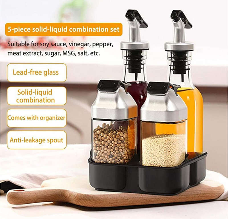 4 Piece Tabletop Seasoning Container Set Condiment Bottle with Holder