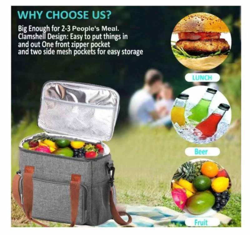 Insulated Leakproof Lunch Bag with Shoulder Strap and 3 Compartments Grey