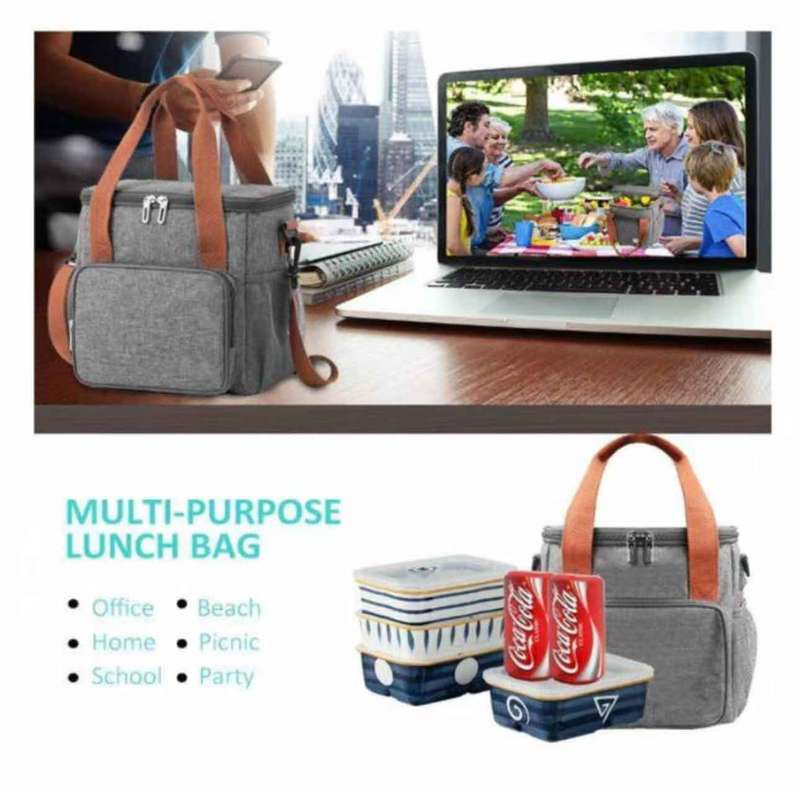 Insulated Leakproof Lunch Bag with Shoulder Strap and 3 Compartments Grey