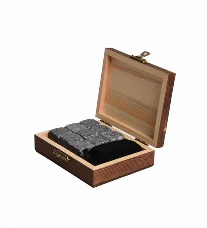 9 Pcs Of Unique Granite Ice Cube Stones In Wooden Box & Bag For Whiskey