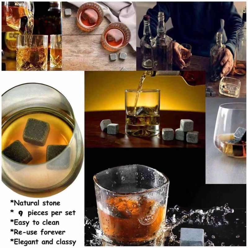 9 Pcs Of Unique Granite Ice Cube Stones In Wooden Box & Bag For Whiskey