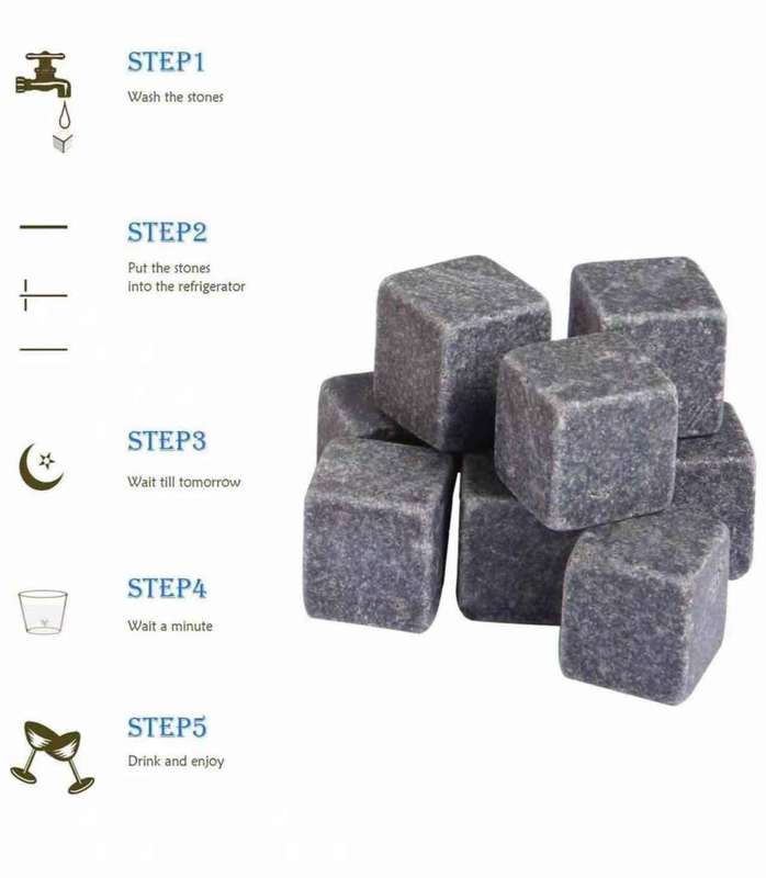 9 Pcs Of Unique Granite Ice Cube Stones In Wooden Box & Bag For Whiskey