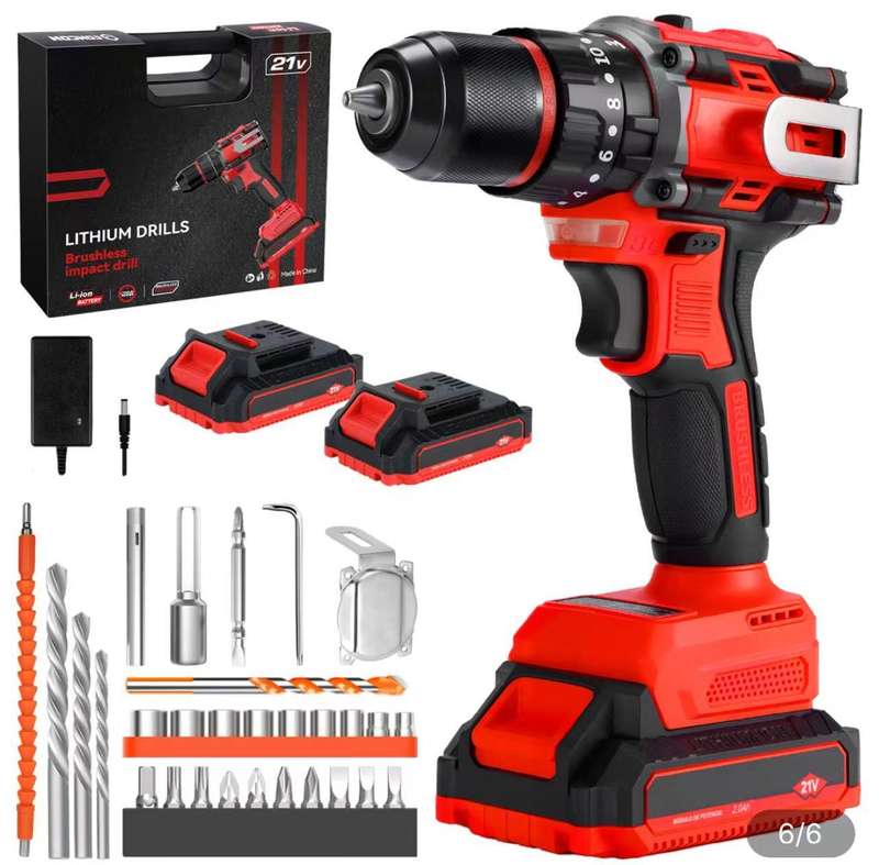 21V 55NM Brushless Cordless Drill Electric Impact Drill Set with 2 Batterie