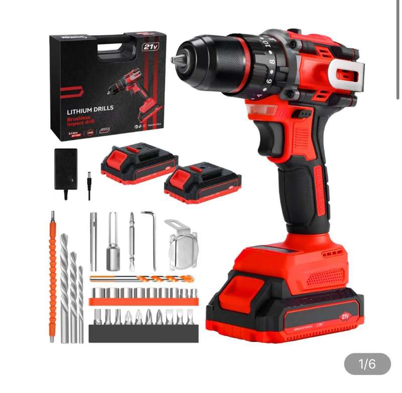 21V 55NM Brushless Cordless Drill Electric Impact Drill Set with 2 Batterie