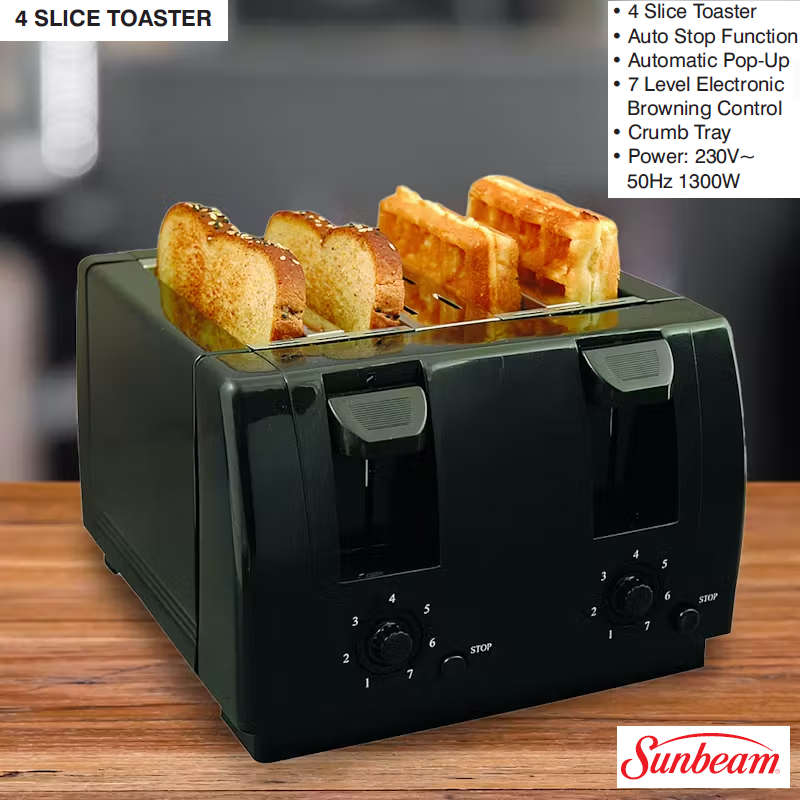 Sunbeam 4 Slice Toaster - 7 Level Browning Control - Crumb Tray - 1300W