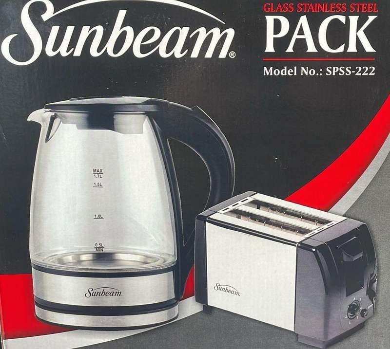 Sunbeam Combo - 1.7L Glass Kettle with a 2 Slice Stainless Steel Toaster - All In One Box!
