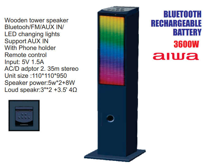 Aiwa Wooden Tower Speaker - LED Lights - Phone Holder - Remote Control