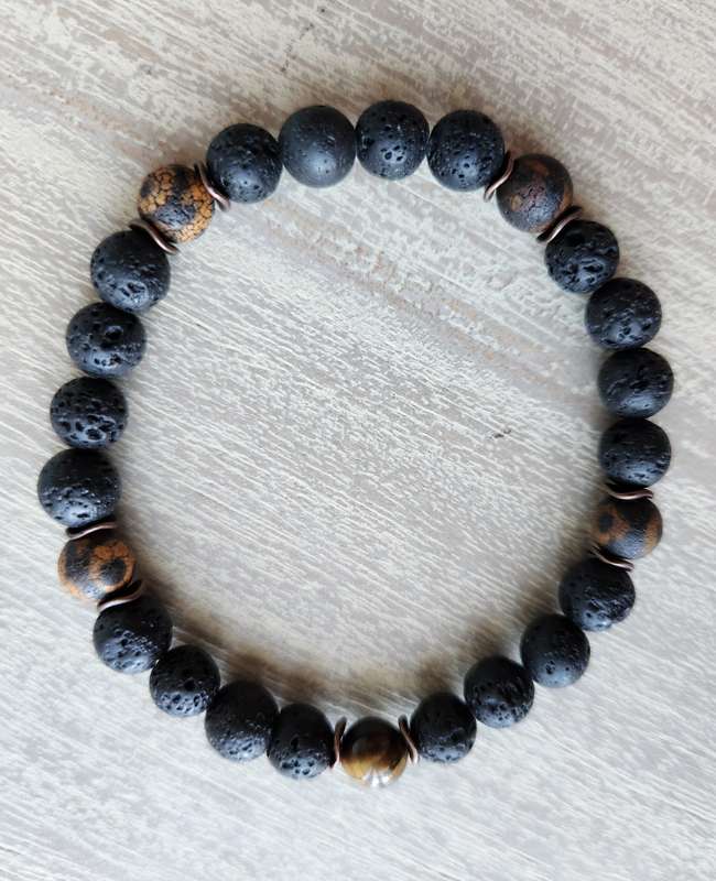 Tibetan Agate with Lava Rock and Tiger's Eye Bracelet - 8mm