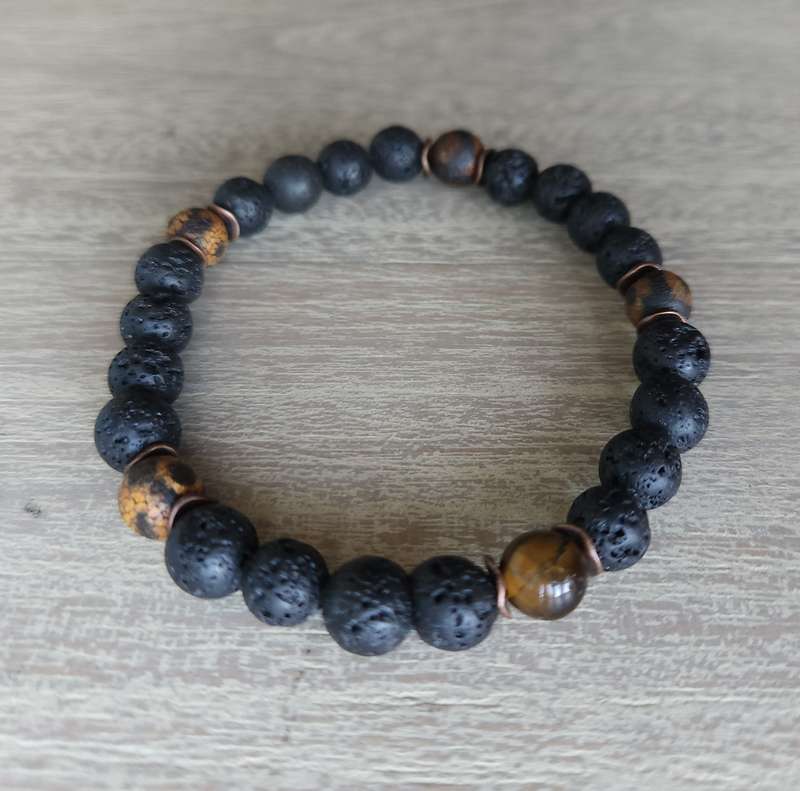 Tibetan Agate with Lava Rock and Tiger's Eye Bracelet - 8mm