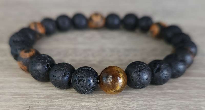 Tibetan DZI Agate, Lava Rock and Tiger's Eye Bracelet - 8mm