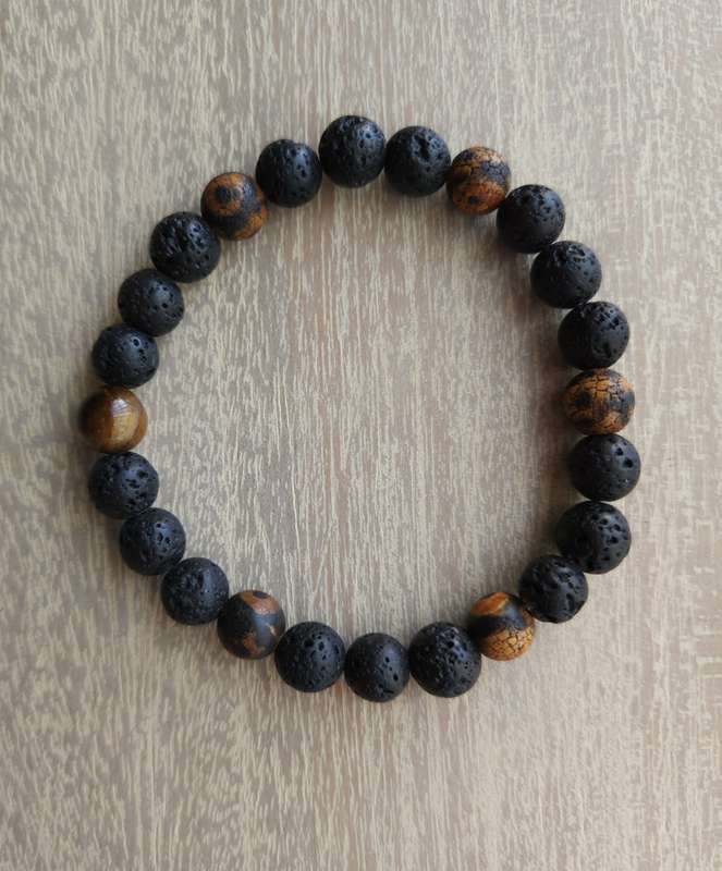 Tibetan DZI Agate, Lava Rock and Tiger's Eye Bracelet - 8mm