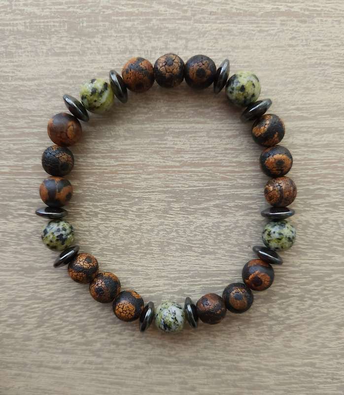 Tibetan DZI Agate, Yellow Turquoise Jasper and Hematite Bracelet - 8mm