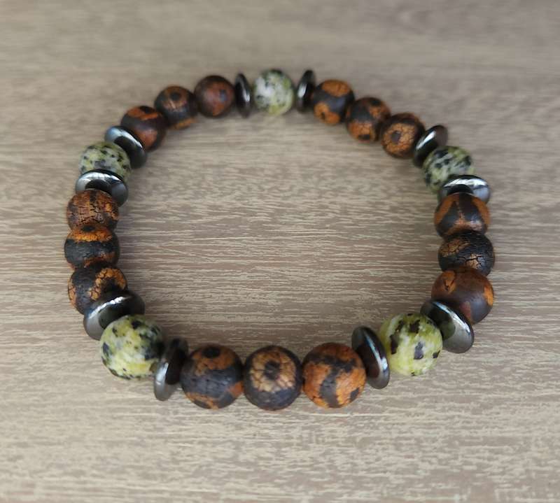 Tibetan DZI Agate, Yellow Turquoise Jasper and Hematite Bracelet - 8mm