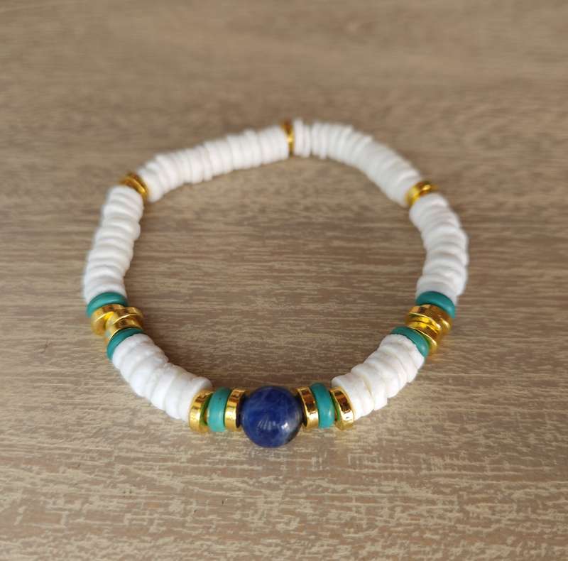 White Shell Heishi Disc Beads, Sodalite Gemstone with golden and turquoise spacers Bracelet - 6mm