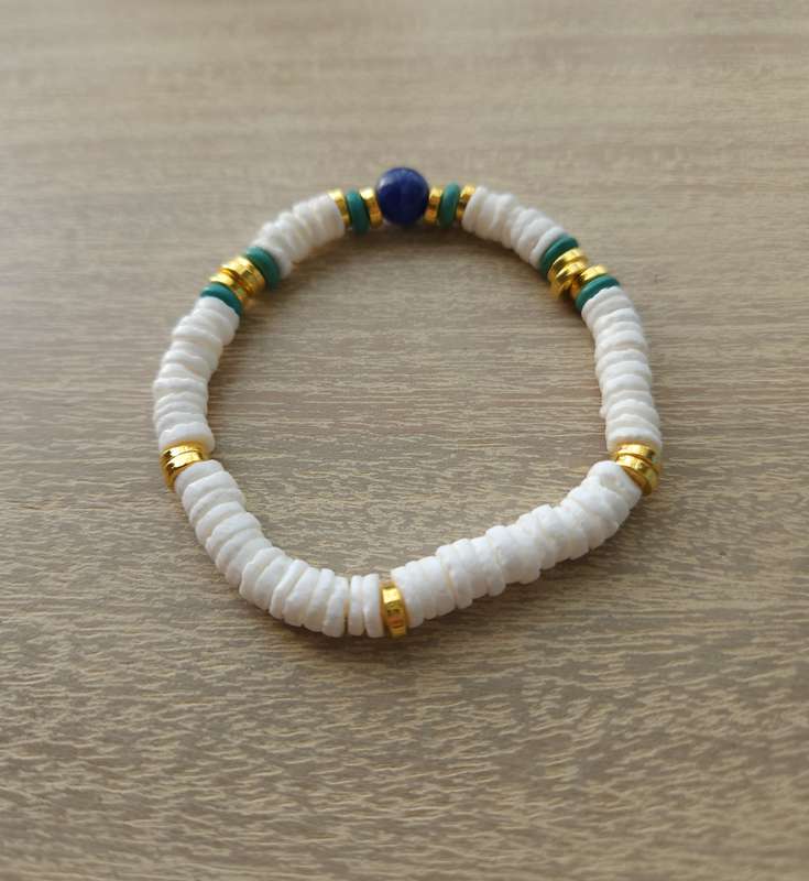 White Shell Heishi Disc Beads, Sodalite Gemstone with golden and turquoise spacers Bracelet - 6mm