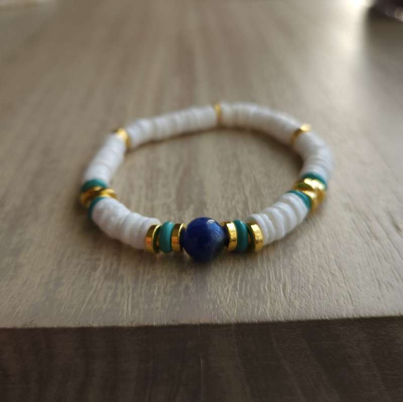 White Shell Heishi Disc Beads, Sodalite Gemstone with golden and turquoise spacers Bracelet - 6mm