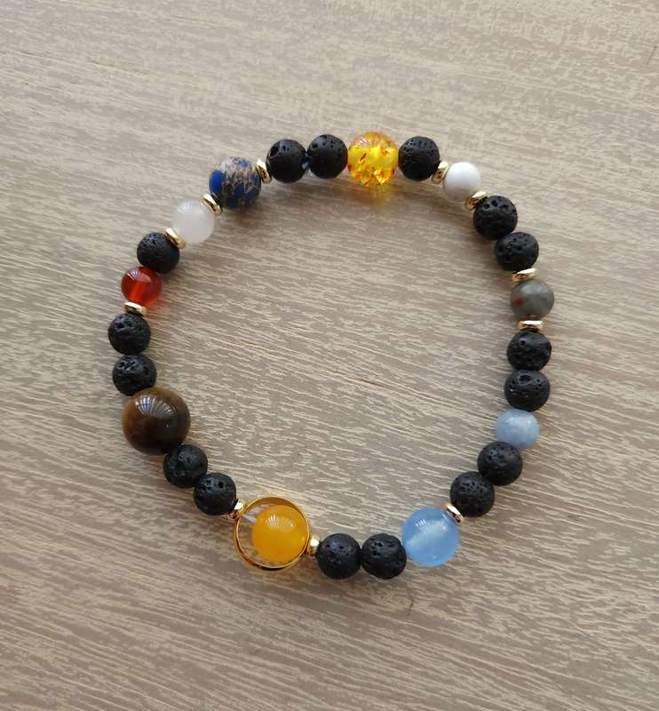 Solar System Bracelet - Planets & Moon - 6-10mm size Made with Mixed Gemstones and Lava Rock Beads