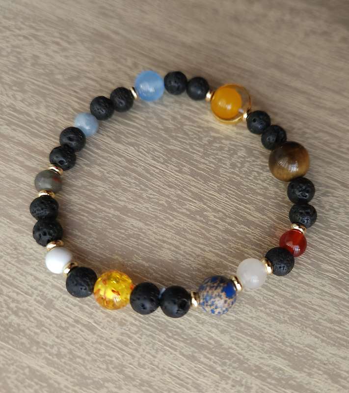 Solar System Bracelet - Planets & Moon - 6-10mm size Made with Mixed Gemstones and Lava Rock Beads