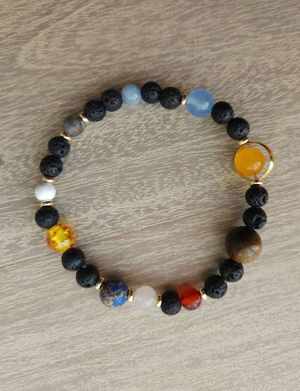 Solar System Bracelet - Planets & Moon - 6-10mm size Made with Mixed Gemstones and Lava Rock Beads