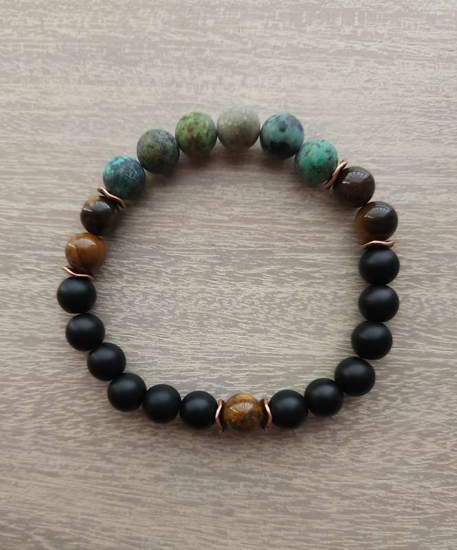 Natural African Turquoise with Matt Black beads & Bronze spacers - 8mm