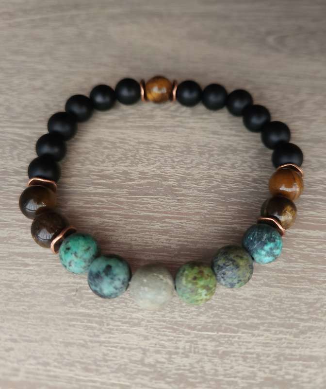 Natural African Turquoise with Matt Black beads & Bronze spacers - 8mm