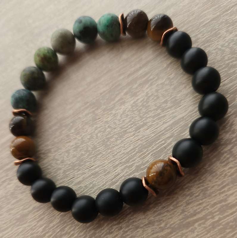 Natural African Turquoise with Matt Black beads & Bronze spacers - 8mm