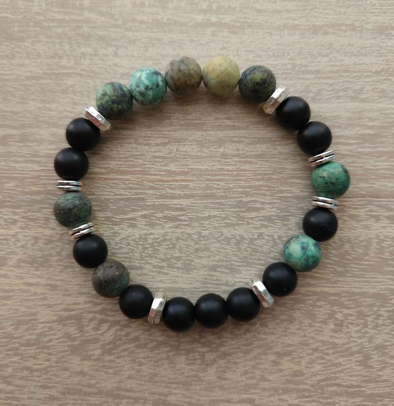 Natural African Turquoise with Matt Black Beads and Silver spacers - 8mm