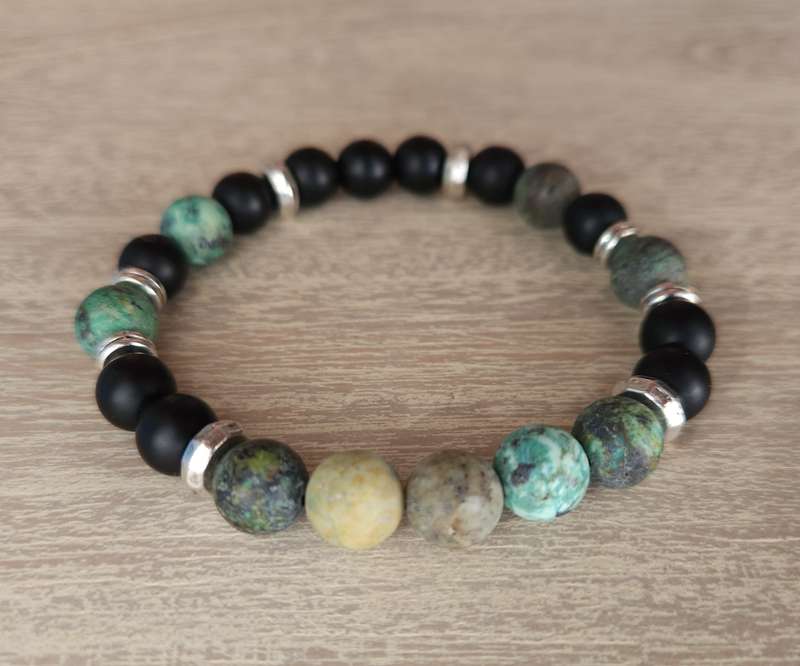 Natural African Turquoise with Matt Black Beads and Silver spacers - 8mm
